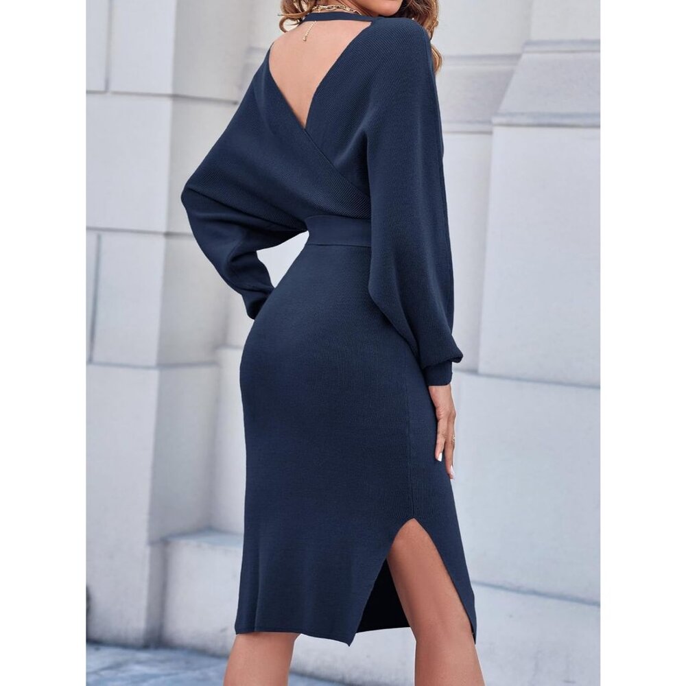 Women's Sweater Dress Wrap Batwing V Neck Slit Bodycon Dress Valentine Navy - Picture 4 of 6